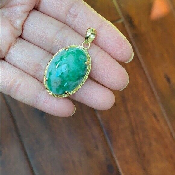 14K Solid Fine Real Yellow Gold Oval Green Natural Jadeite Jade Pendant