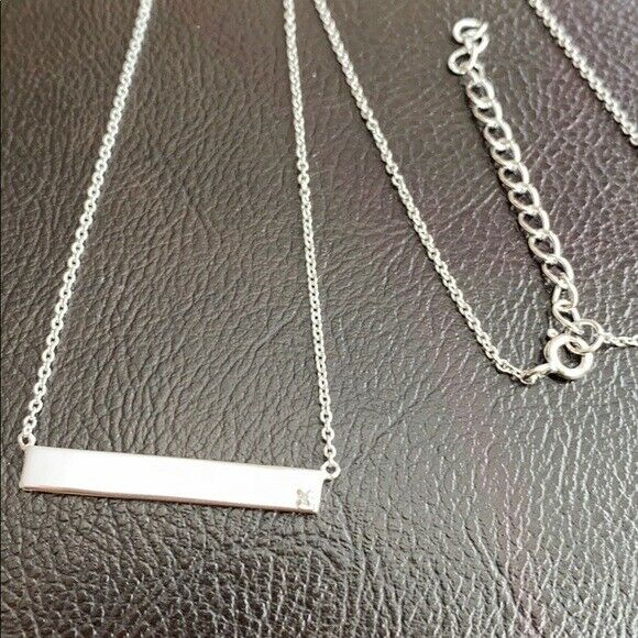 925 Sterling Silver White Gold Plated Bar Plate Geometric Diamond Necklace