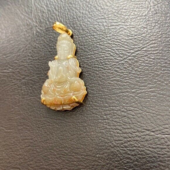 14K Real solid Gold Genuine Natural Jade Kwan Yin Lady Buddha Pendant Necklace