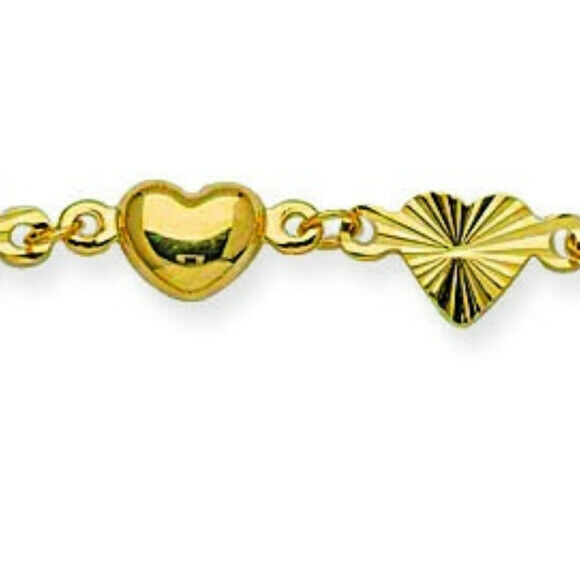 14K Solid Gold Puff Heart DC Station Anklet - Yellow 9"-10" adjustable