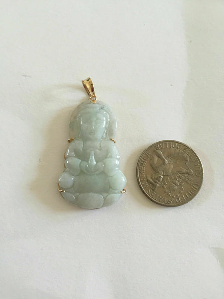 18K Solid Gold Female Buddha Quan/Kwan Yin Natural Jade Pendant Charm Carved