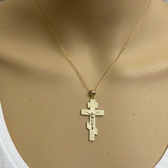 Solid 14k Gold Jesus Christ Russian Orthodox Crucifix Cross Pendant Necklace