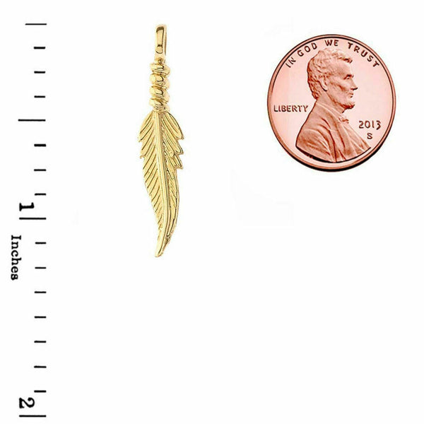10k Yellow Gold Solid Dainty Feather Pendant Necklace
