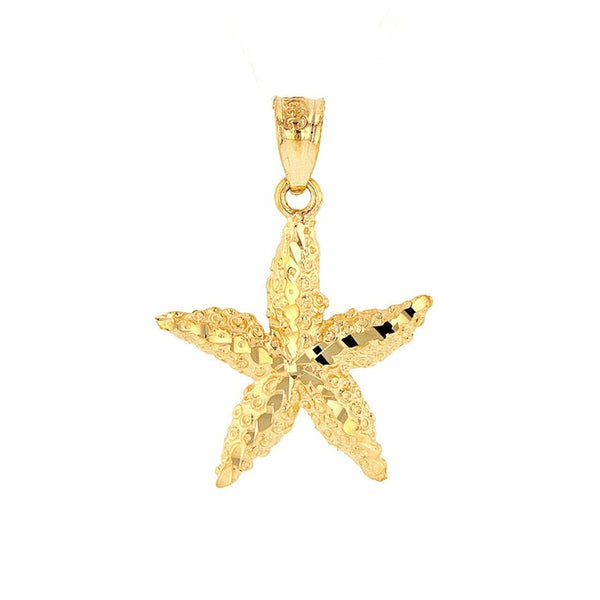 14k Solid Yellow Gold Diamond Cut Starfish Sea Star Pendant Necklace