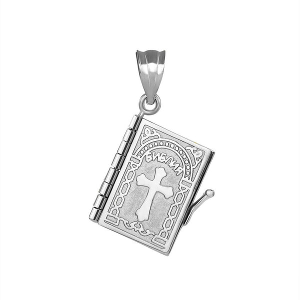 Sterling Silver 3D Russian Orthodox Synodal Bible Slavonic Pendant Necklace