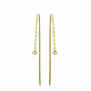 NWT 925 Sterling Silver Gold Plated Chain Bar/Pin Threader CZ Fashion Earrings