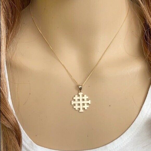 10K Solid Yellow Gold Jerusalem "Crusaders" Cross Pendant Necklace