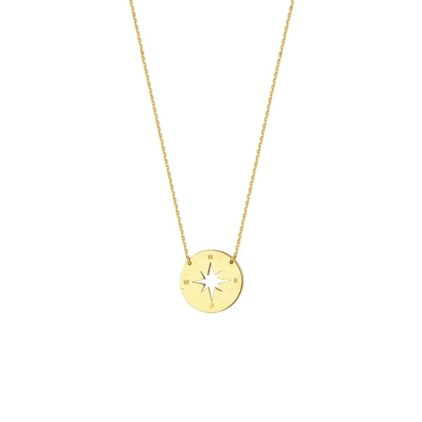 14K Solid Yellow Gold Mini Disk Disc Compass Necklace - Adjustable 16"-18"