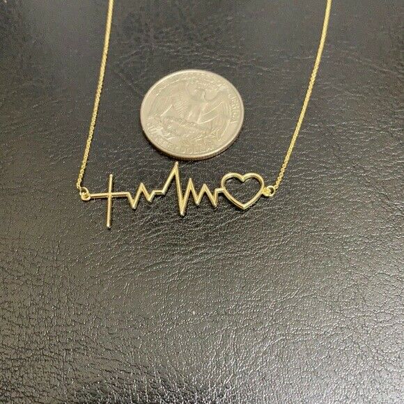 14k Solid Yellow Gold Heart Beat Heartbeat with Cross Pendant Necklace