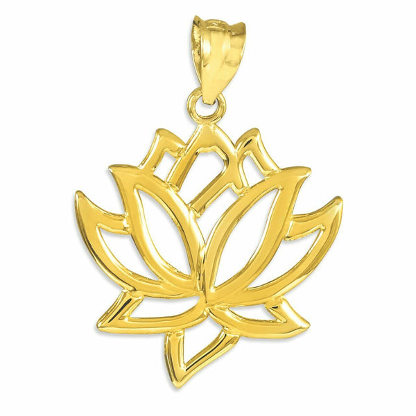 14k Solid Yellow Gold Lotus Flower Buddhism Fortune Purify Pendant Necklace