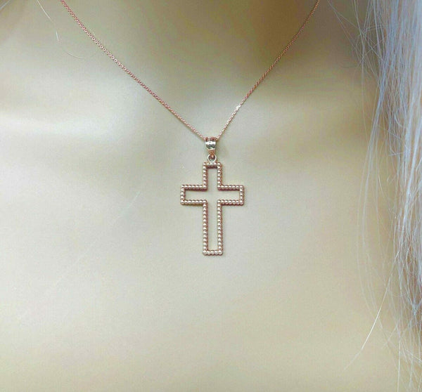 10k or 14k Solid Gold Two Sided Beaded Open Cross 1.5" Pendant Necklace
