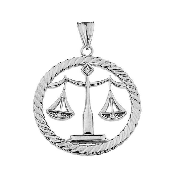 Solid 14k White Gold Diamond Scales of Justice Rope Pendant Necklace