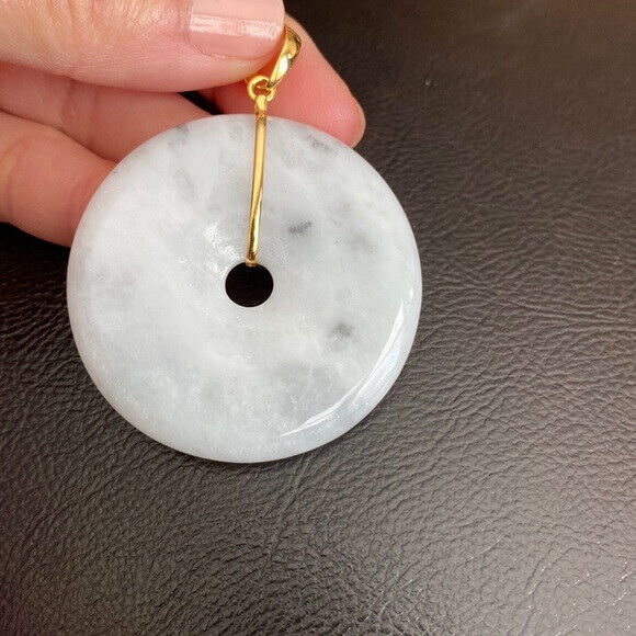 14K Solid Yellow Gold Round Large Donut Natural Jade Pendant Charm White