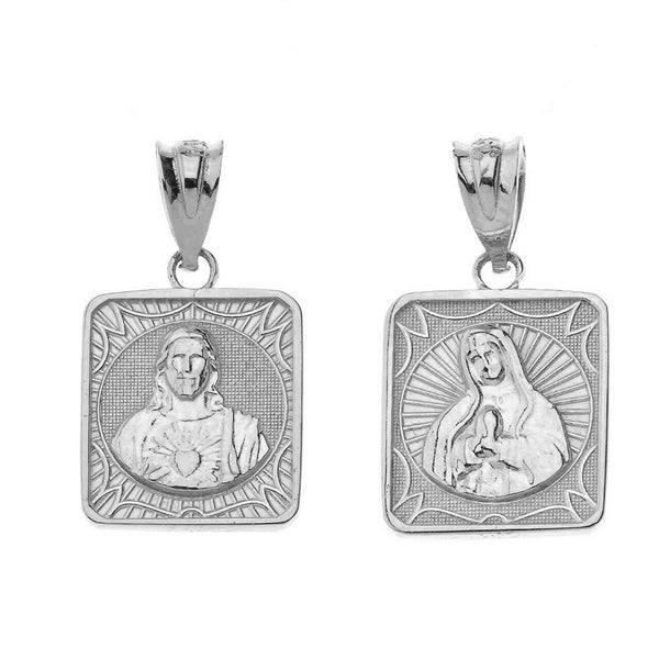 Sterling Silver Reversible Virgin Mary and Jesus Christ Square Pendant Necklace