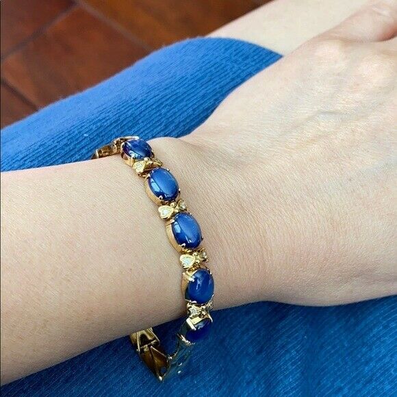 14K Solid Real Yellow Gold Oval Blue Star Bracelet 6.5 inches