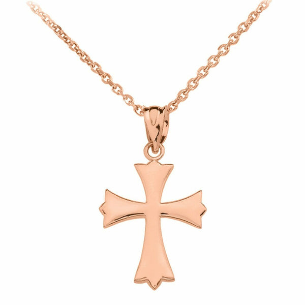 14k Solid Rose Gold Roman Catholic Church Cross Pendant Necklace