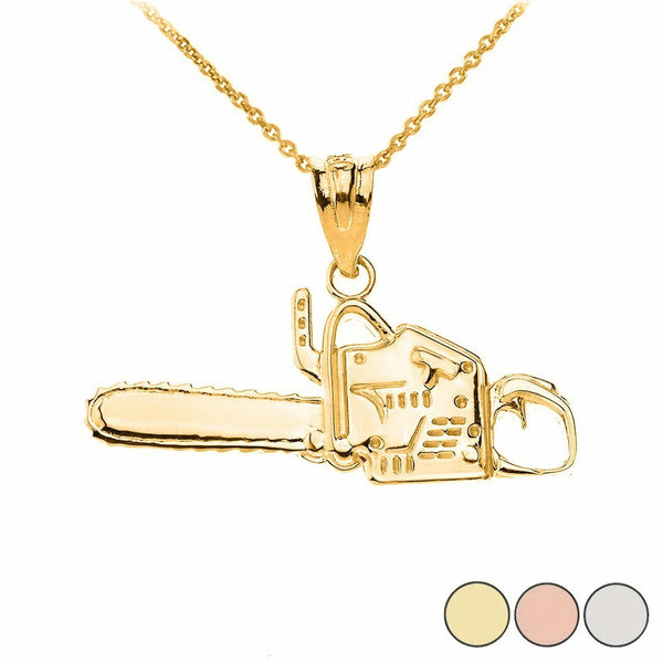 14k Fine Yellow Gold Timber Chainsaw Charm Pendant Necklace 16" 18" 20" 22"