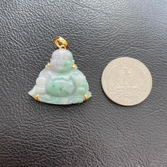 14K Solid Gold Laughing Buddha Buddist Genuine Carved Jade Pendant