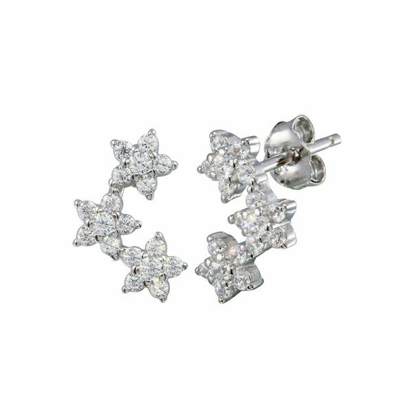 Sterling Silver 925 Rhodium Plated 3 Flower CZ Stud Earrings