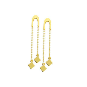 14K Solid Gold U Shape Front Threader Dangle Drop Cube Post Earring