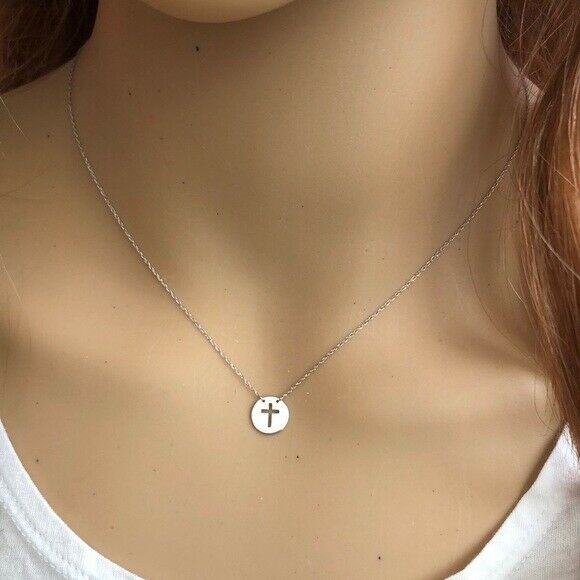 14K Solid Gold Mini Disk Cut Out Cross Religious Dainty Necklace - Minimalist