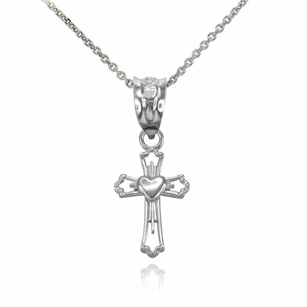 .925 Sterling Silver Heart Open Cross Charm Pendant Necklace
