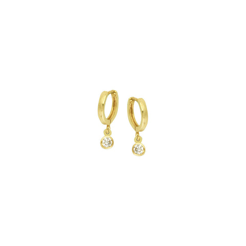 14K Solid Yellow Gold Baby Hoop Dangle Bezel CZ Earrings - Kid/ Children