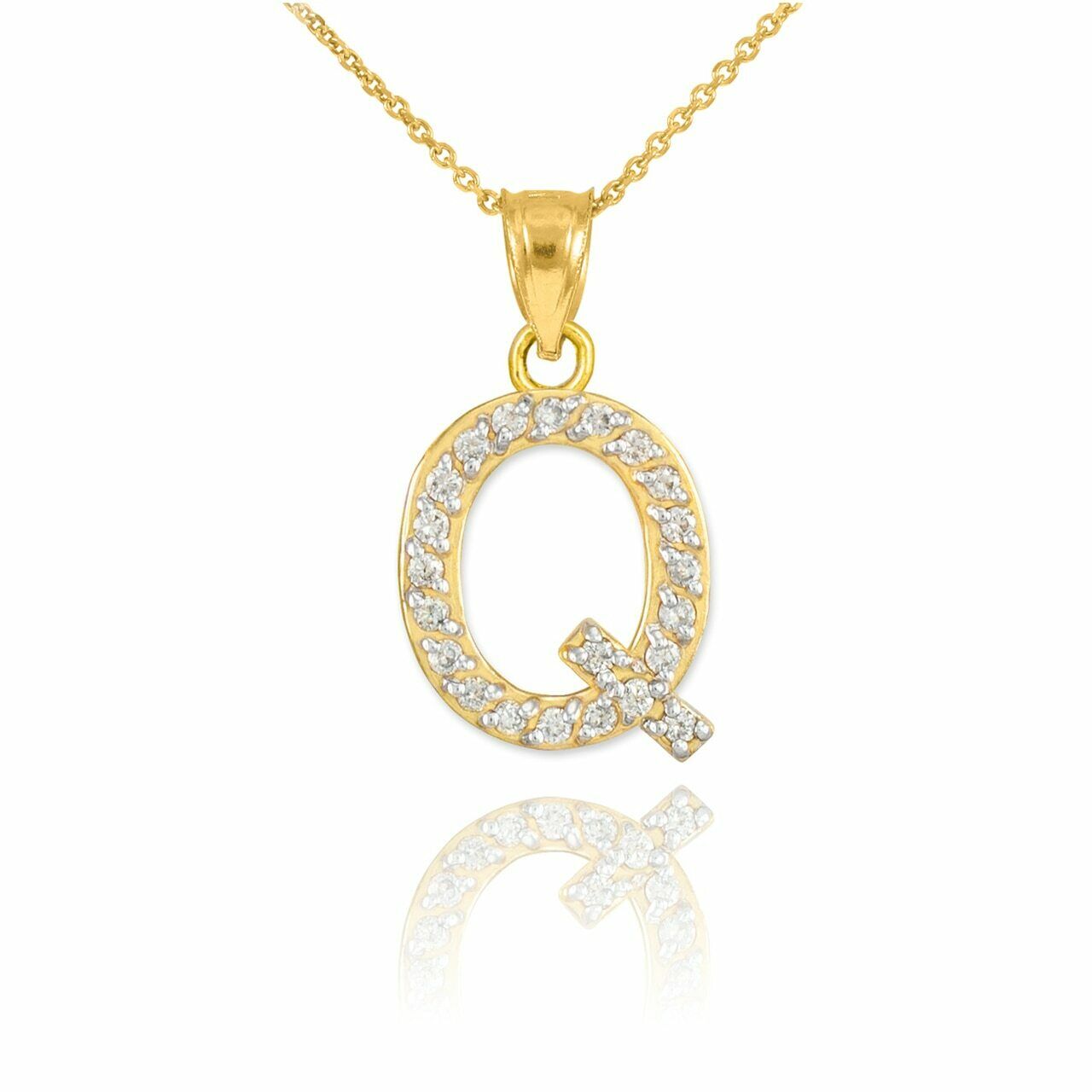 10k Solid Yellow Gold Diamond Monogram Initial Letter Q Pendant Necklace