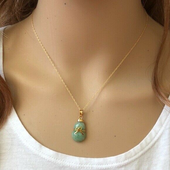 14K Solid Gold Natural Real Jade Gourd Bottle Bow Pendant Necklace -Minimalist