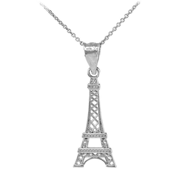 14K Solid White Gold Eiffel Tower Statue France Souvenir Pendant Necklace