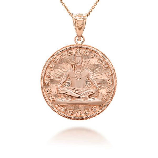14K Solid Gold Lord Shiva Coin Pendant Necklace - Yellow, Rose, or White