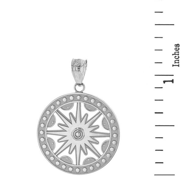 925 Sterling Silver Textured Openwork Flaming Sun Medallion Pendant Necklace