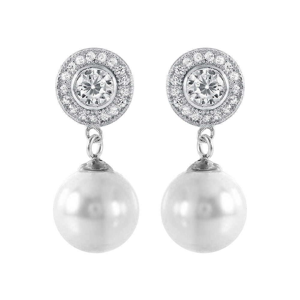 NWT Sterling Silver 925 Rhodium Plated Pearl CZ Cluster Earrings