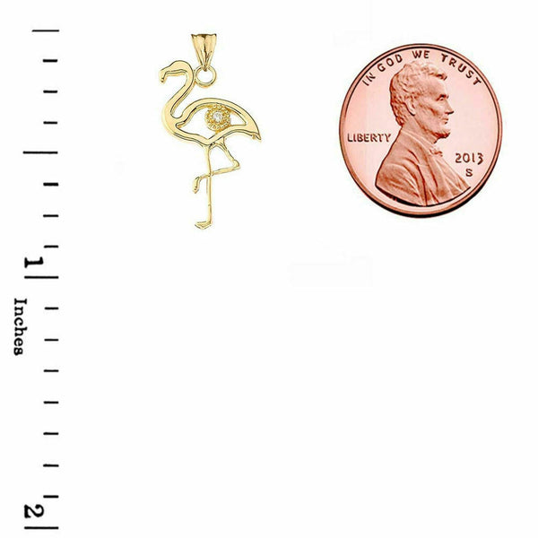 14k Solid Yellow Gold Diamond Small Flamingo Pendant Necklace 16" 18" 20" 22"