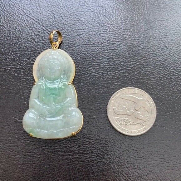 14K Solid Gold Natural Jadeite Jade Kwan Yin Lady Buddha Pendant Transparent