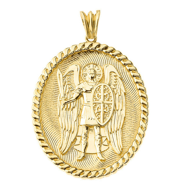 14k Solid Gold St. Saint Michael Protect Us Pendant Oval Yellow White Rose