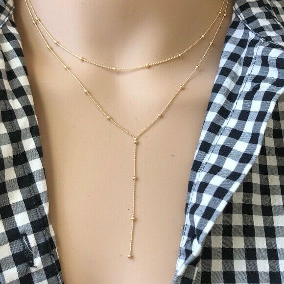14K Solid White Gold Layering Drop Dangle Bead Choker Necklace - Adjustable