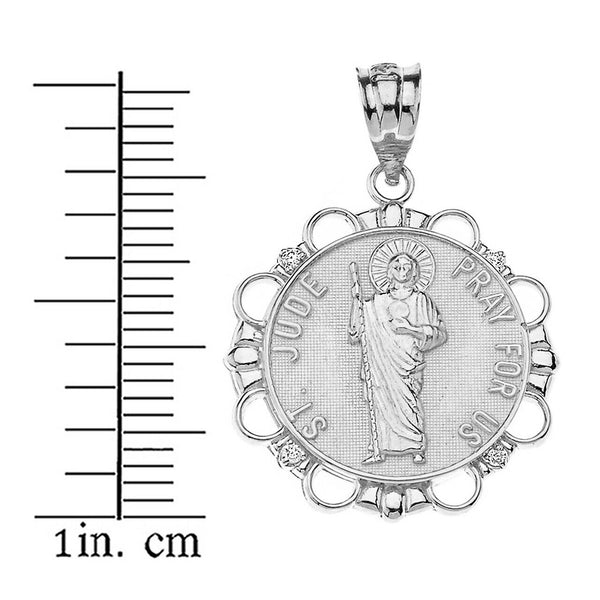 925 Sterling Silver CZ St. Saint Jude Pray For Us Circle Pendant Necklace
