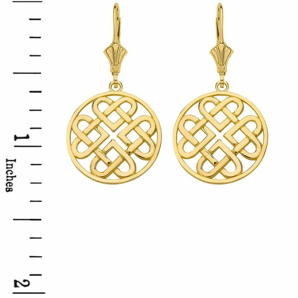 14k Real Yellow Gold Woven Celtic Hearts Circle Drop Earrings Set - Small