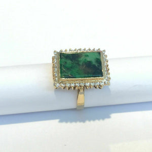 14K Solid Yellow Gold Square Green Jade Women CZ Ring Size 6.25