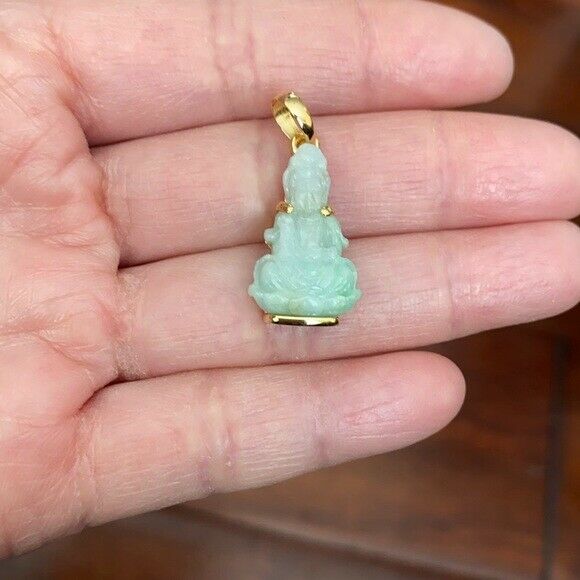 14K Solid Gold Guanyin Kwan Yin Buddha Natural Jade Pendant -Small Kid Size