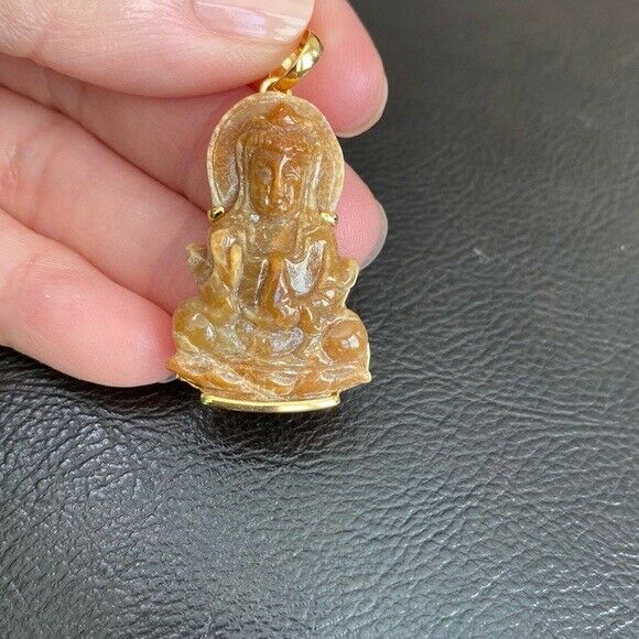 14K Solid Gold Guanyin Kwan Yin Female Buddha Natural Red Jade Pendant