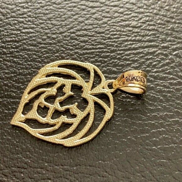 10K Solid Yellow Gold Lion Head Cut Out Pendant Necklace