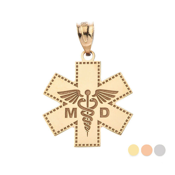 Personalize Name 10k 14k Solid Gold Caduceus MD Medical Doctor Pendant Necklace