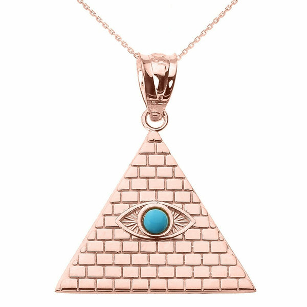 14k Rose Gold Egyptian Pyramid with Turquoise Evil Eye Pendant Necklace