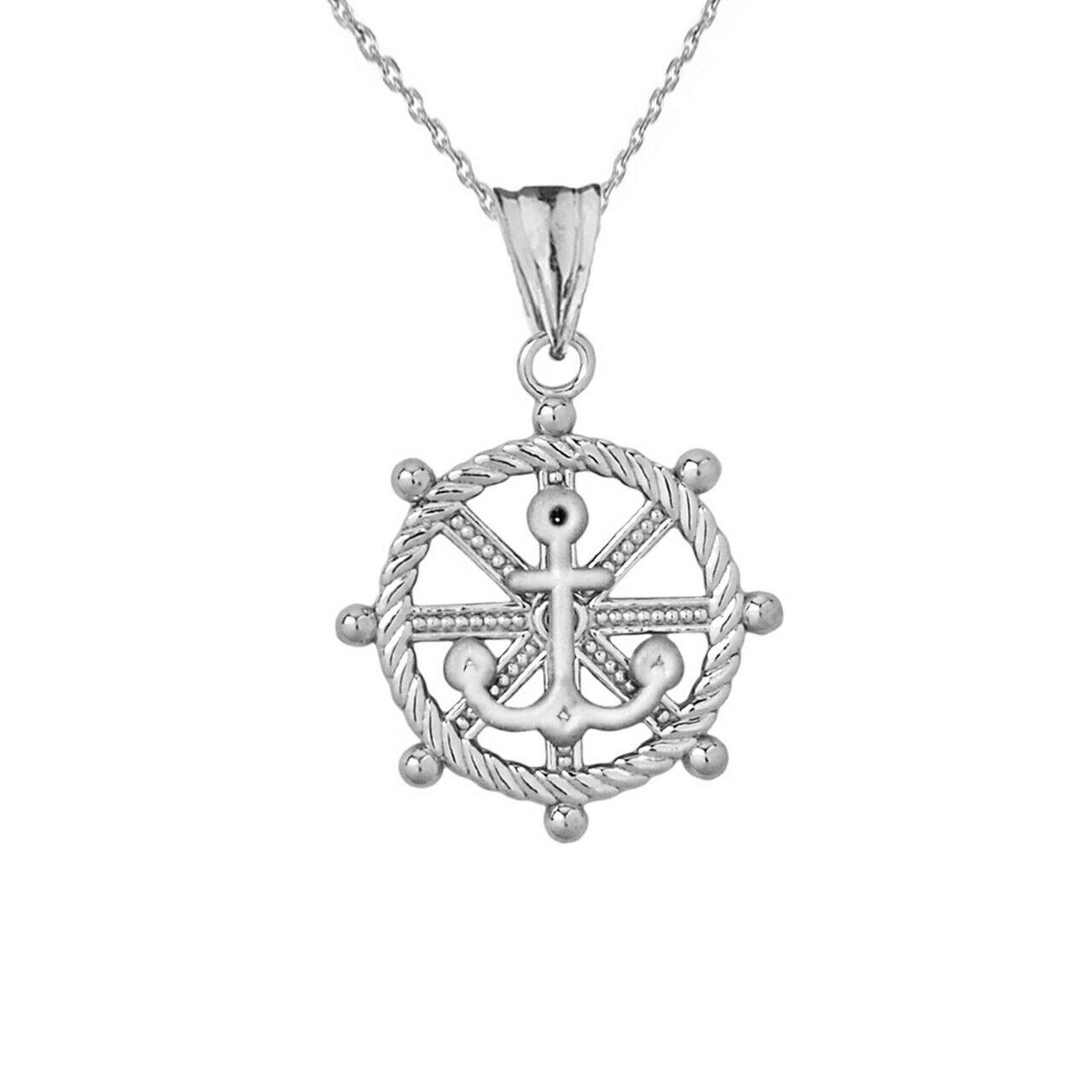 .925 Sterling Silver Anchor with Roped Helm Pendant Necklace