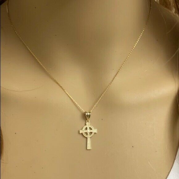 Solid 14k Yellow Gold Irish Celtic Trinity Cross 1" Pendant Necklace