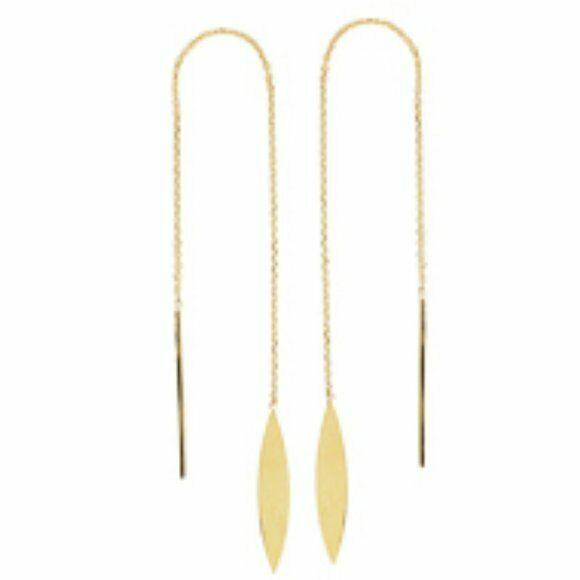 14K Solid Gold Marquise Shape Box Chain Thin Threader Earrings - Yellow/ White