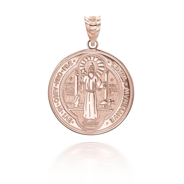 10K Solid Gold Saint Benito Prayer Double 2 sided Pendant Necklace