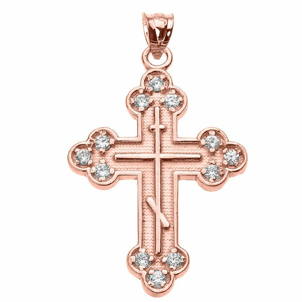 Solid 14k Rose Gold Diamond Eastern Orthodox Cross Pendant Necklace